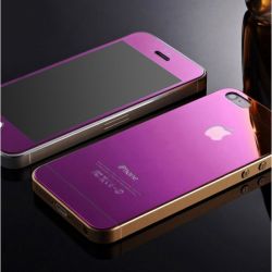 Стекло защитное для Apple iPhone 5/5S/SE зеркальное, комплект на 2 стороны, цвет: фиолетовый