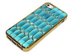 Силиконовый чехол IPhone 5/5S Кристаллы 3D голубые с золотой окантовкой
