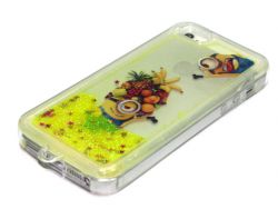 Силиконовый чехол IPhone 5/5S Миньон с фруктами с желтыми жидкими блестками