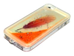Силиконовый чехол IPhone 5/5S Перо оранжевое с оранжевыми жидкими блестками